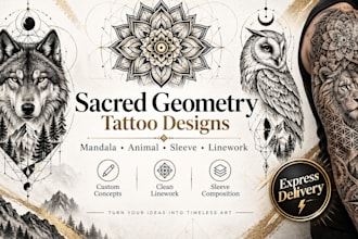 create sacred geometry, mandala, animal, sleeve and linework tattoo designs