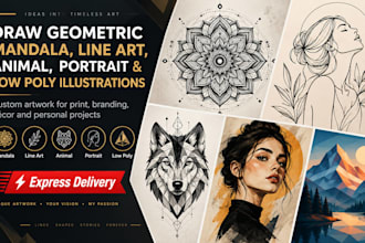 draw geometric mandala, line art, animal, portrait and low poly illustrations