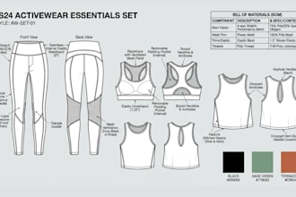 create activewear and sportswear tech pack with flat sketch for manufacturer