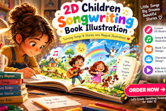 illustrate 2d children songwriting book, nursery rhyme, kids song, and stories