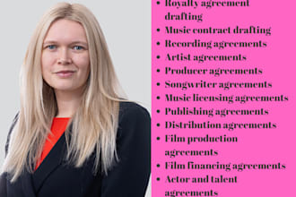 expertly write royalty agreement, music contract, nda drafting, film as a lawyer