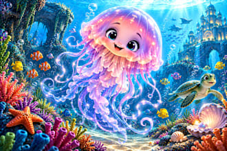 illustrate jellyfish childrens books with magical underwater