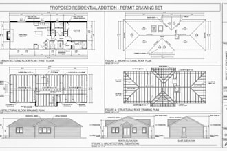 architectural floor, roof, framing, elevation plan and structural permit drawing