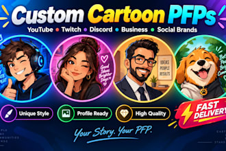 design custom cartoon pfps for youtube twitch discord business and social brands
