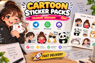 design cartoon sticker packs and sheets for telegram whatsapp and print