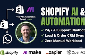 set up shopify make com automation, zapier workflows, and ai chatbots