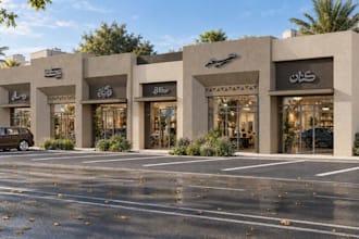 render 3d strip mall concept, shop front design,commercial complex cgi rendering