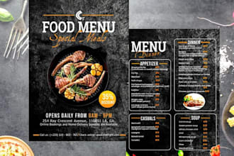 design a typographic restaurant menu, food menu, cafe or bar menu