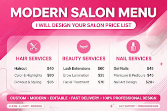 design modern salon price list, spa menu, beauty price list