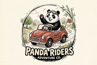 design panda ride car hand drawing mascot logo