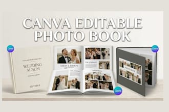 do canva editable photo book, wedding album, birthday card, travel photo book