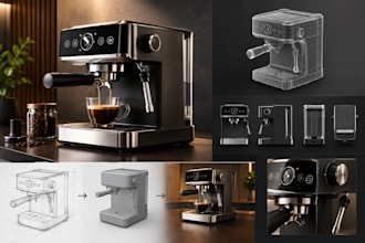 design a professional 3d coffee machine with cad modeling and rendering