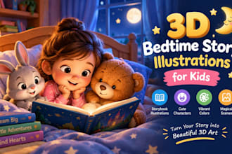 create cute 3d bedtime story illustrations for kids