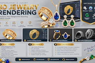 create realistic 3d jewelry renders for rings, pendants and earrings