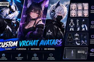 create custom vrchat avatar, furry fursona, anthro character and 3d model