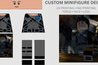 design 2d lego minifigures decals for uv and pad printing
