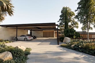 design 3d building parking lot,minimalist garage,stone wall facade,cgi landscape