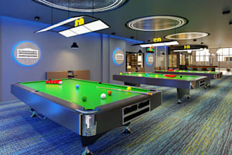 render 3dbilliard club interior,snooker hall,pool room setup,bar area,dark moody