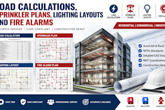 design load calculations, sprinkler plans, lighting layouts and fire alarms