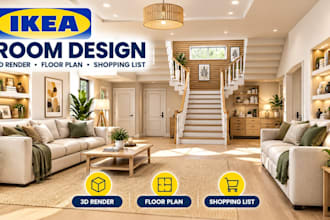 create ikea room interior designs with 3d renders, floor plans and shopping list
