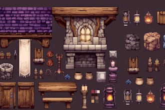 do 2d game environment, 2d game background, game assets, game ui, game character