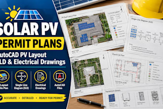 design solar pv permit plan, autocad pv layout, sld and electrical drawings