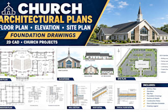 2d church architectural floor plans, elevation, site plan and foundation drawing