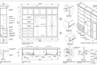 draft kitchen cabinet millwork drawing with dimension, details and joinery