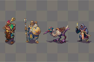 design pixel art backgrounds, game tilesets, and UI assets