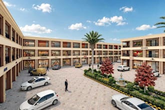 3drevit commercial complex,retail strip store,parking lot render,mixed use space
