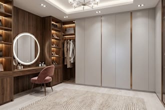 design walk in closet interior, wardrobe vanity custom cabinetry with 3d render