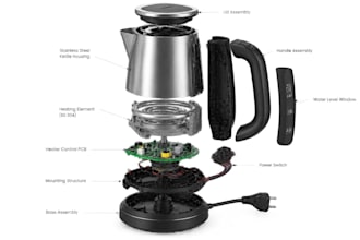 design kettle cad, injection molding, prototype testing, heater control pcb, dfm