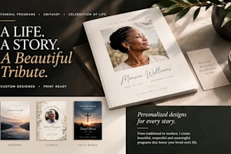 design a magazine style funeral program, obituary or memorial booklet