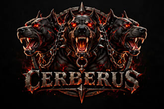 design a powerful  three headed dog, hellhound, or mythical cerberus logo