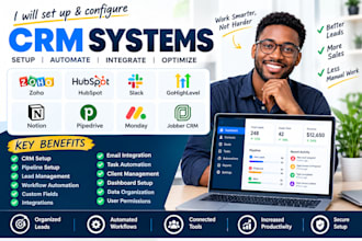 set up zoho CRM, hubspot, slack, gohighlevel, notion, pipedrive