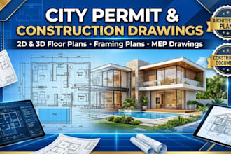 architect city permit construction drawing, 2d 3d floor plans, framing plan, mep
