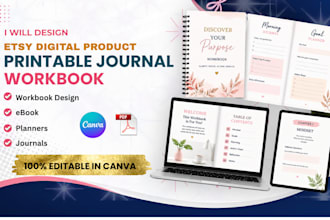 design etsy digital products, printable journals, planners, workbooks