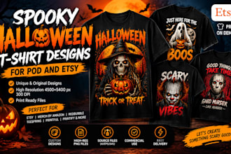 create spooky halloween horror t shirt designs for pod and etsy