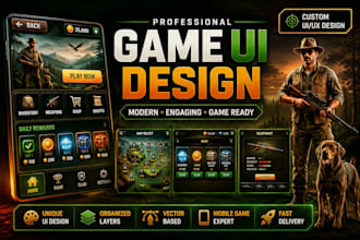 design creative game UI, menus, buttons, icons
