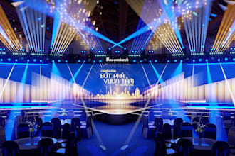 create 3d corporate indoor event stage designed, post product launch set, render