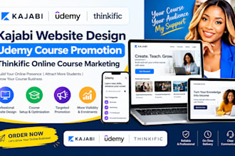 design kajabi website, udemy course promotion, thinkific online course marketing