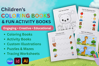 design childrens coloring books, tracing worksheets, fun activity books
