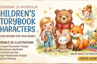 design cute 3d watercolor characters for childrens storybooks