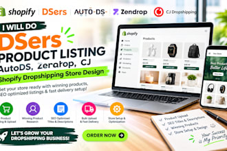 do dsers product listing, autods, zendrop, cj shopify dropshipping store design