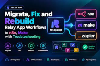 migrate, fix and rebuild relay app workflows to n8n, make troubleshooting