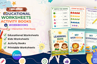 design a children workbook, educational workbook, textbook, study guide