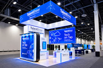 do 3d trade show lighting booth design with reception counter
