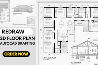 draw 2d floor plan, house plan, site plan, section, elevation, autocad drafting