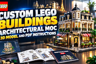 design custom lego buildings, architectural moc, 3d model and PDF instructions