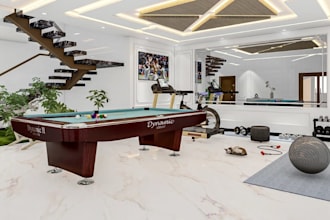 3d indoor snooker room,home gym interior,game arcade center,cozy lounge render